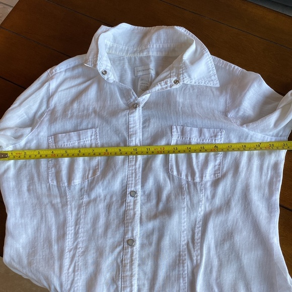 LIZ CLAIBORNE Pearl Snap-Closure Sheer 3/4 Sleeve White Cotton Shirt Large - Picture 8 of 11